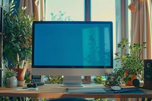 Cozy Desktop Computer Mockup in Contemporary Workspace Background photo