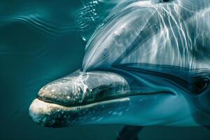 A Nature Background of a Dolphins Eye Underwater with Serene Reflections of the Ocean and a Calm Expression photo