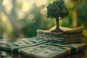 Small Tree Growing from Dollar Bills Financial Growth Background photo