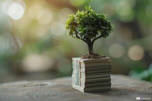Small Tree Growing from Dollar Bills Financial Growth Background photo