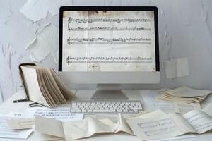 Computer Mockup Background on White Desk  Editing Tools photo