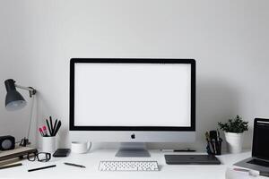 Computer Mockup Background on White Desk with  Editing Tools photo