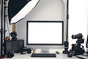 Computer Mockup Background on White Desk with  Editing Tools photo