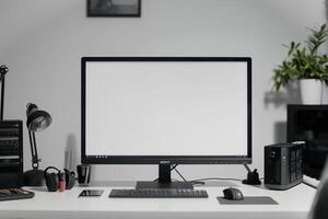 Computer Mockup Background on a white desk with various  editing tools scattered around Background photo
