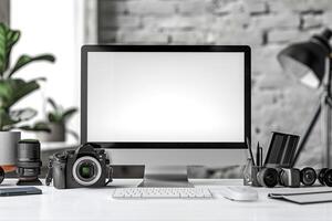Computer Mockup Background on White Desk with  Editing Tools photo