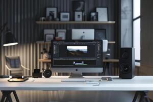 Computer Mockup Background on a white desk with scattered  editing tools and gadgets Background photo