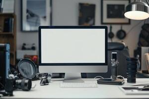 Computer Mockup Background on a white desk with various graphy gear surrounding it Background photo