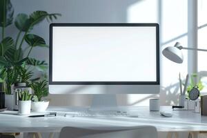 Computer Mockup Background on a white desk with  editing tools and equipment laid out Background photo