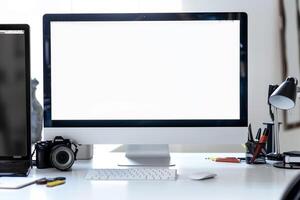 Computer Mockup Background on a white desk with scattered  editing tools and office supplies Background photo