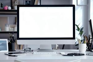 Computer Mockup Background on a white desk with  editing tools and tech gear laid out Background photo
