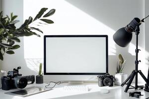 Computer Mockup Background on a white desk with graphy gear and a  setup Background photo