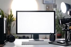 Computer Mockup Background on a white desk with graphy gear arranged around Background photo