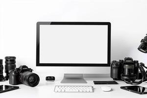 Computer Mockup Background on a white desk with graphy gear and accessories around Background photo
