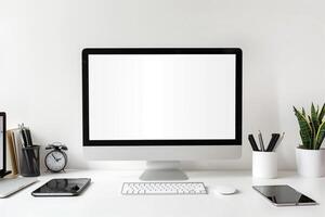 Computer Mockup Background on a white desk with scattered  editing tools and gadgets Background photo