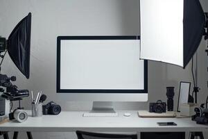 Computer Mockup Background on a white desk with graphy gear and a  workspace Background photo