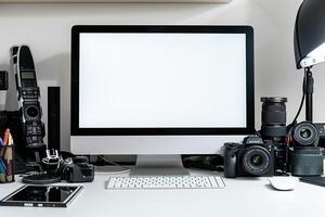 Computer Mockup Background on a white desk with graphy gear and professional tech Background photo