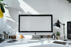 Computer Mockup Background on a white desk with  editing tools and professional equipment Background photo