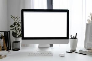 Computer Mockup Background on a white desk with scattered  editing tools and office supplies Background photo