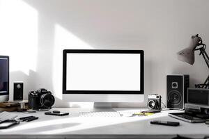 Computer Mockup Background on a white desk with  editing tools and  office supplies Background photo