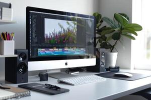 Computer Mockup Background on a white desk with  editing tools and various office supplies Background photo