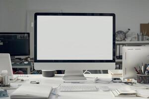 Computer Mockup Background on a white desk with scattered  editing tools and office gear Background photo