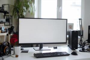 Computer Mockup Background on a white desk with  editing tools and  office gadgets Background photo