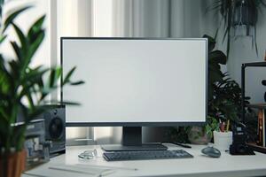 Computer Mockup Background on a white desk with scattered  editing tools and tech equipment Background photo