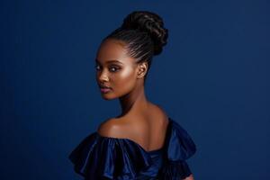 Model in formal attireclassic navy background exuding elegance and sophistication Background photo
