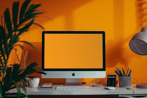 Desktop Computer Mockup Featuring a Professional Background for Digital Use photo