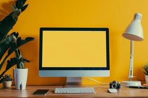 Advanced Desktop Computer Mockup Featuring a Professional Background for Business Applications photo