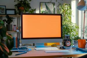 Stylish Desktop Computer Mockup Featuring a  Background for Tech Presentations photo