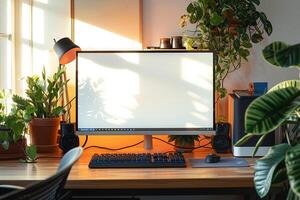 Desktop Computer Mockup with a  Background for Business Use photo