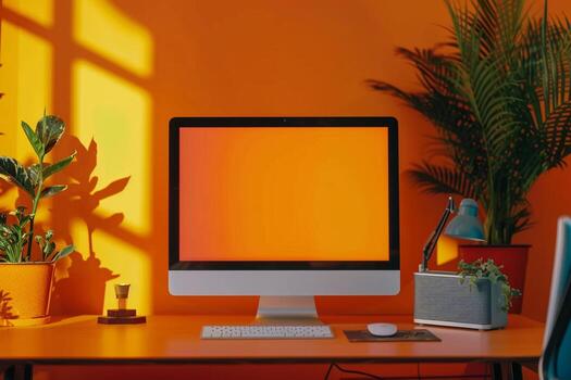 Desktop Computer Mockup Featuring a  Background for Digital Use photo