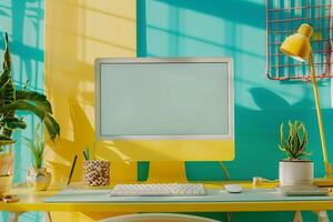 Desktop Computer Mockup Featuring a  Background for Tech and Business Presentations photo