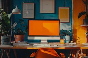Desktop Computer Mockup with a  Background for Digital Media Applications photo
