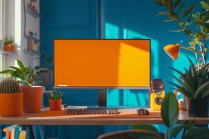 Advanced Desktop Computer Mockup Featuring a  Background for Technology Demonstrations photo