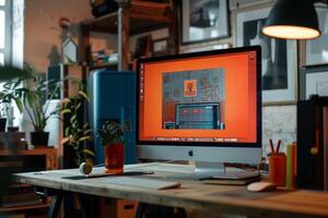 Desktop Computer Mockup with a  Background for Digital Design Projects photo