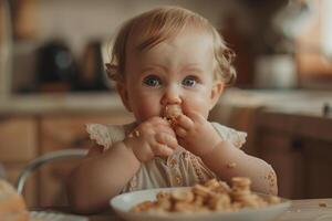 Baby Tasting Various Foods on a High Chair for Culinary Exploration photo
