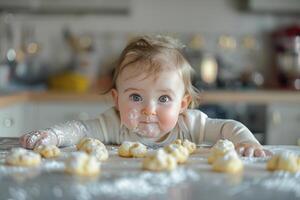 Baby Assisting in Cookie Preparation in a Kitchen for Fun Baking Activity photo