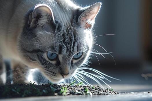 gris y blanco gato investigando un hierba gatera juguete con curiosidad antecedentes foto
