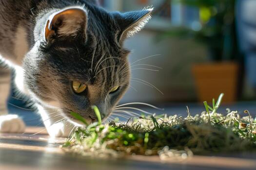 gris y blanco gato jugando con un nuevo hierba gatera juguete antecedentes foto