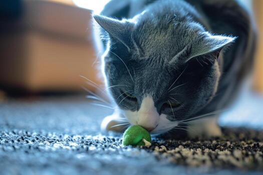 gris y blanco gato disfrutando un hierba gatera juguete investigación antecedentes foto