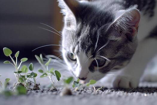 gris y blanco gato con entusiasmo jugando con un hierba gatera juguete antecedentes foto