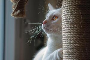 White Tabby Cat Playing with a Scratching Post background photo