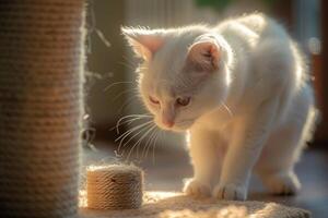 White Cat Exploring a New Catnip Toy with Curiosity background photo