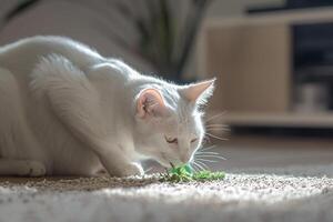 White Cat Investigating a New Catnip Toy with Enthusiasm background photo