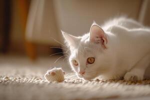 White Cat Playing with a New Catnip Toy Background photo