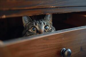 Tabby Cat Peeking into an Open Drawer background photo