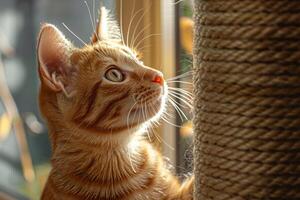 Tabby Cat Eagerly Exploring a New Scratching Post with Playful Curiosity in a Lively Background photo