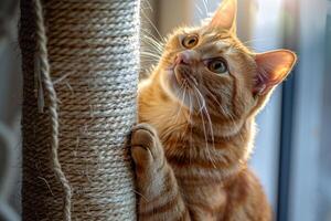 Tabby Cat Examining a New Scratching Post with Enthusiastic Curiosity in a Fun and Interactive photo